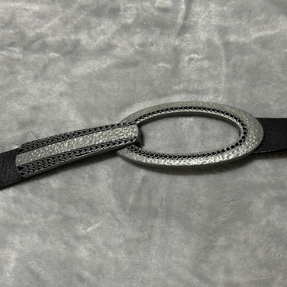 Chicos Black Genuine Leather Belt Oval Silver Tone Chain Detail Buckle M/L - Picture 2 of 8